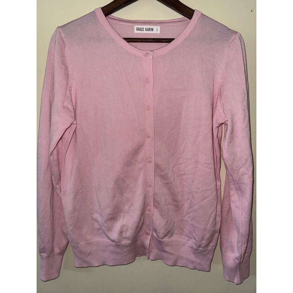 GRACE KARIN Light Pink Button Front Cardigan Sweater Crew Neck Soft Viscose XL